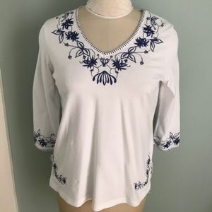 Dash White Blue Knit Cotton Blouse Size UK 12
